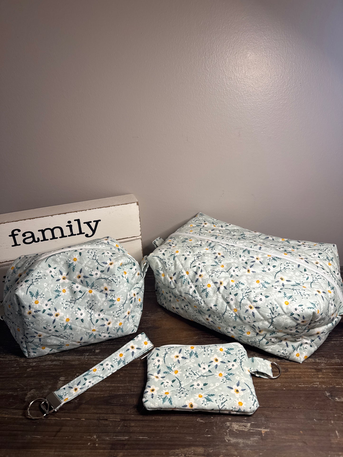 White Daisy’s on Sage Large Makeup Bag