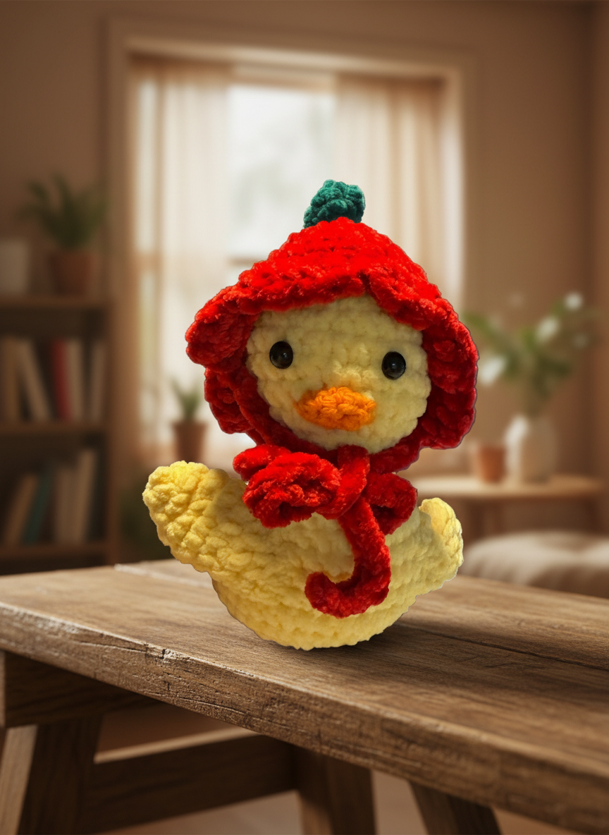Close up of yellow Duck Plushie wearing a strawberry hat