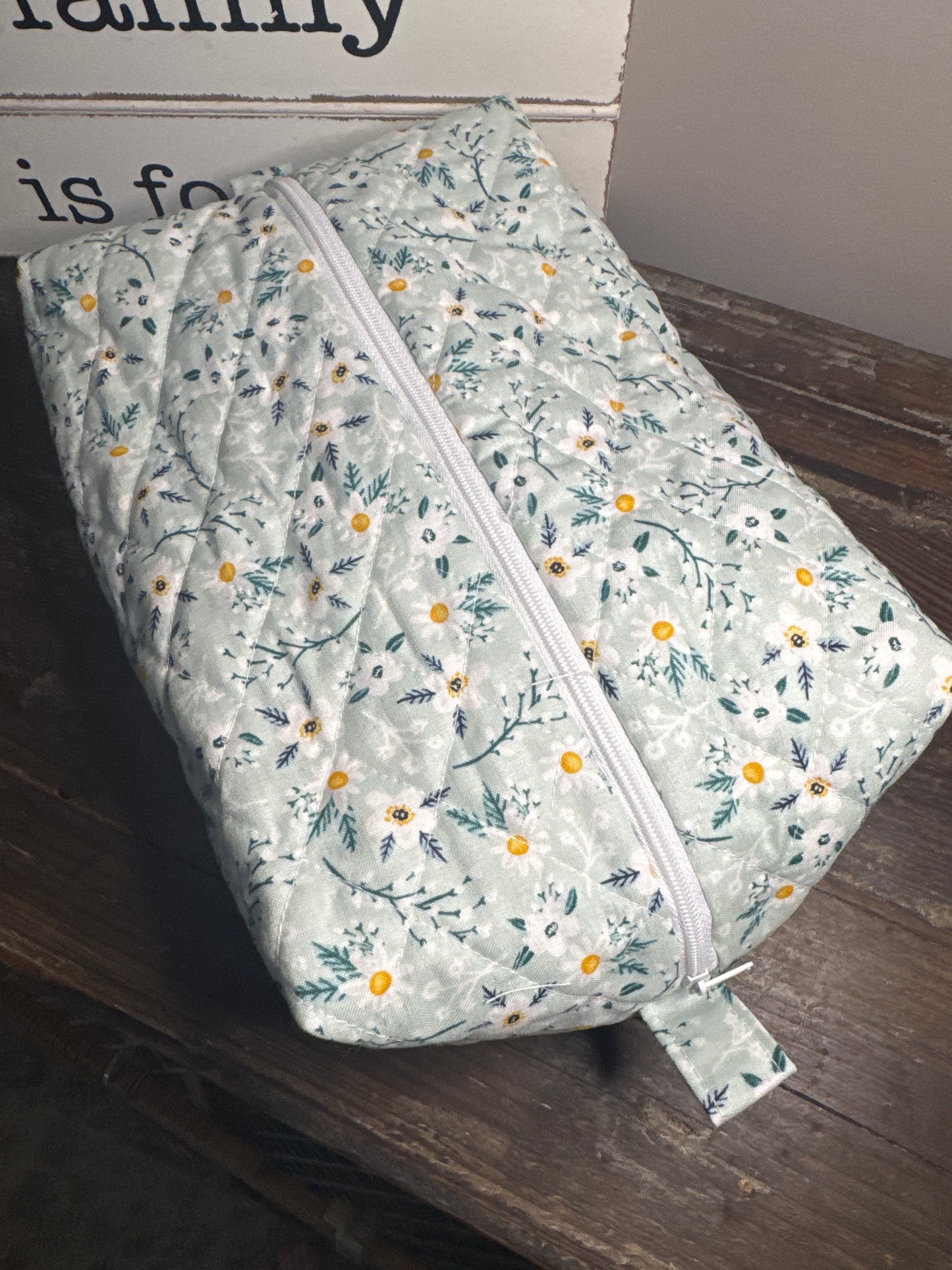 White Daisy’s on Sage Large Makeup Bag