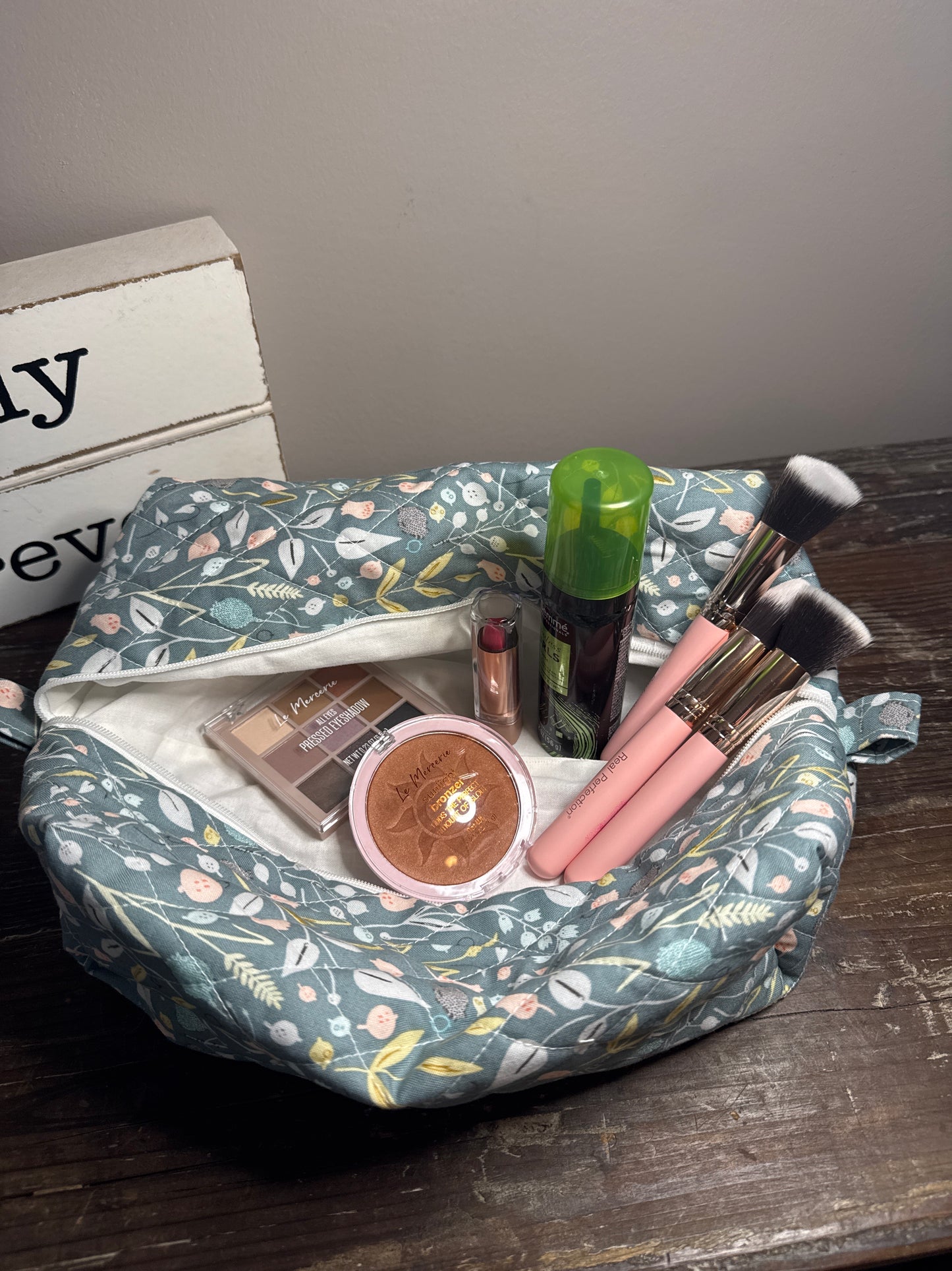 Green Floral Large Makeup Bag