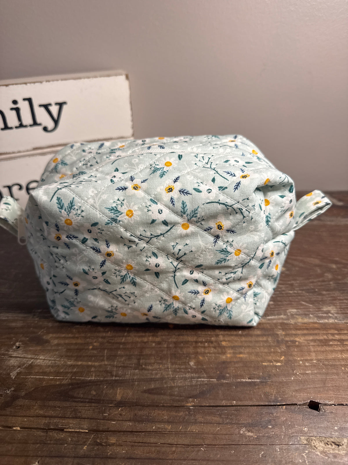 White Daisies on Sage Small Makeup Bag