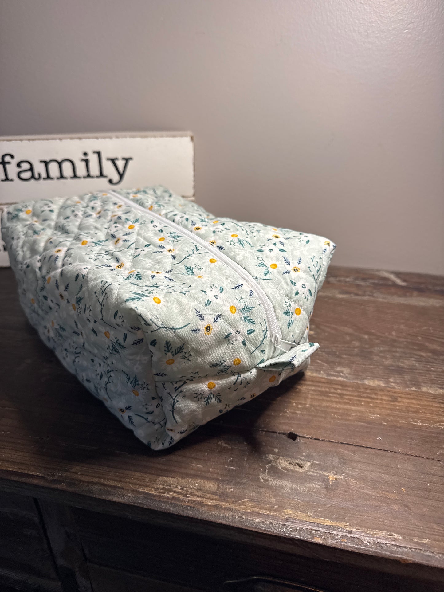 White Daisy’s on Sage Large Makeup Bag
