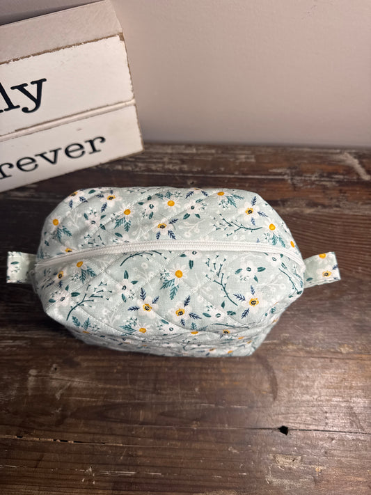 White Daisies on Sage Small Makeup Bag